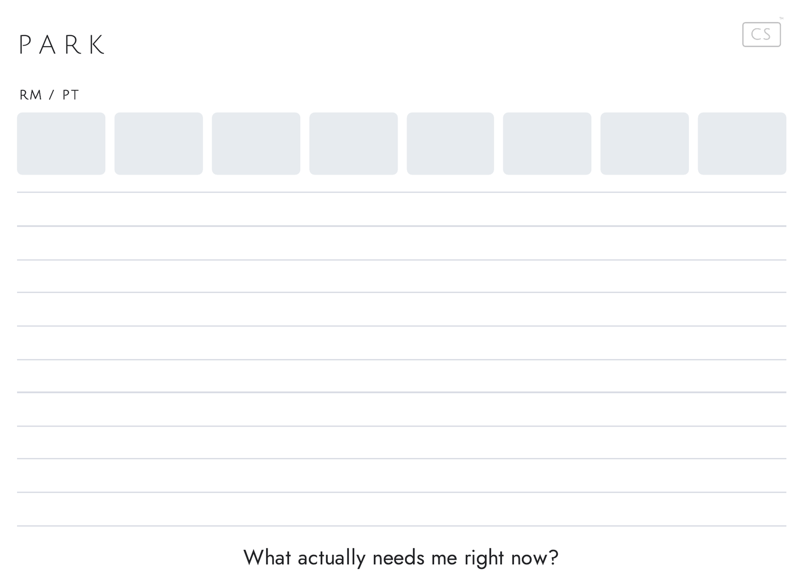 The Park side of the ClearShifts prescriber card: room chips along the top, ruled lines for the queue, and the prompt at the bottom — what actually needs me right now?